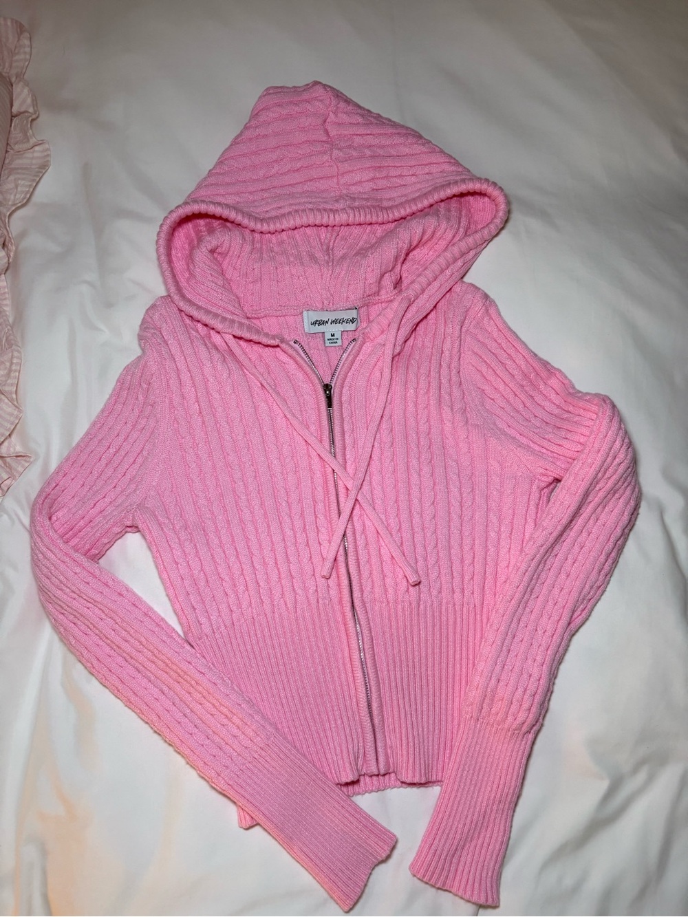 Urban Outfitters Pink Rib-Knit Hooded Zip Cardigan